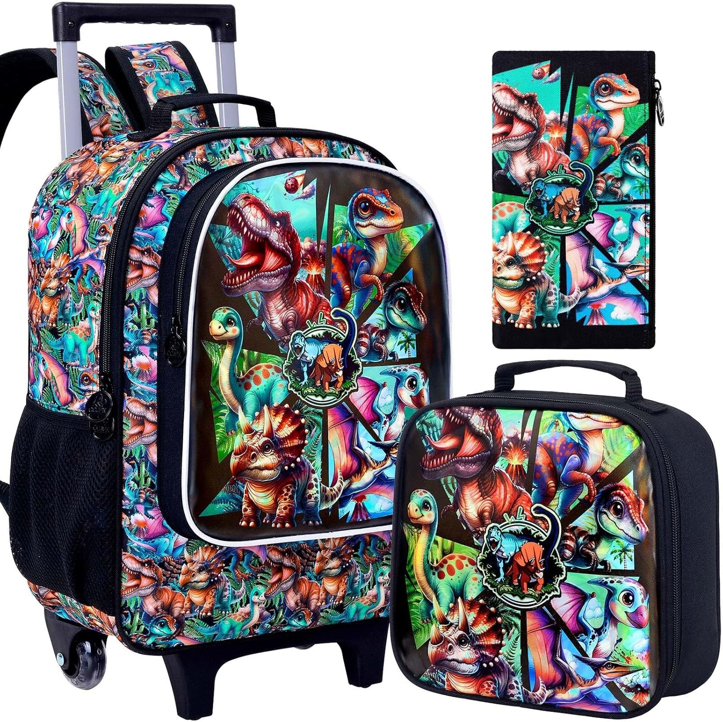3PCS Rolling Backpack for Girls and Boys, Kids Roller Wheels Bookbag, Wheeled Elementary School Bag with Lunch Bag