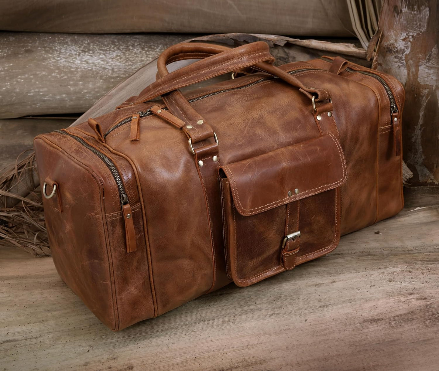 Leather Duffel Bag for Men & Women, Genuine Weekender Travel Bag, Handmade Overnight Gym Bag with Shoulder Strap, Carry-On for Business & Outdoor Travel (Asher Duffel, Light Brown, 22 Inch)