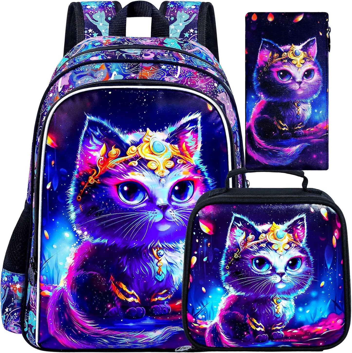 CCJPX 3PCS Cat Backpack for Girls, 16" Kids Preschool School Bookbag with Lunch Box for Toddler Elementary Kindergarten