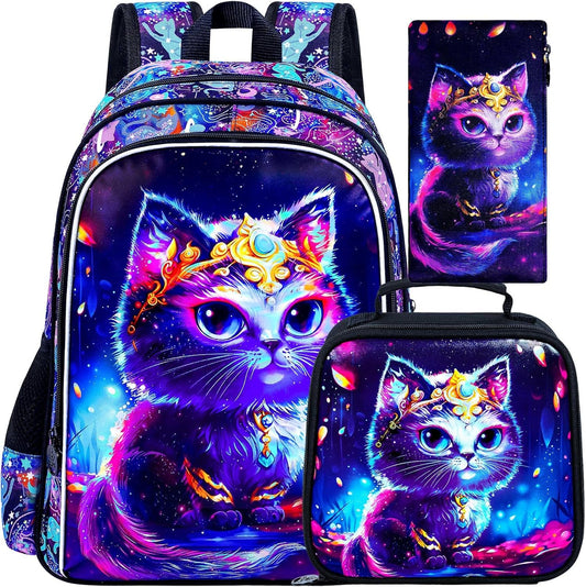 CCJPX 3PCS Cat Backpack for Girls, 16" Kids Preschool School Bookbag with Lunch Box for Toddler Elementary Kindergarten