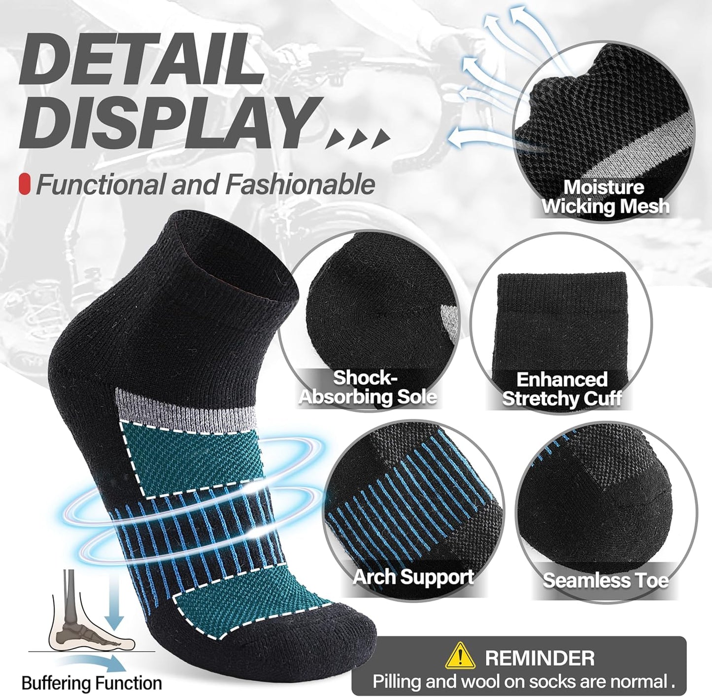 6 Pairs Merino Wool Ankle Running Hiking Socks Compression Support Breathable Thick Cushion No Show Socks for Women Men