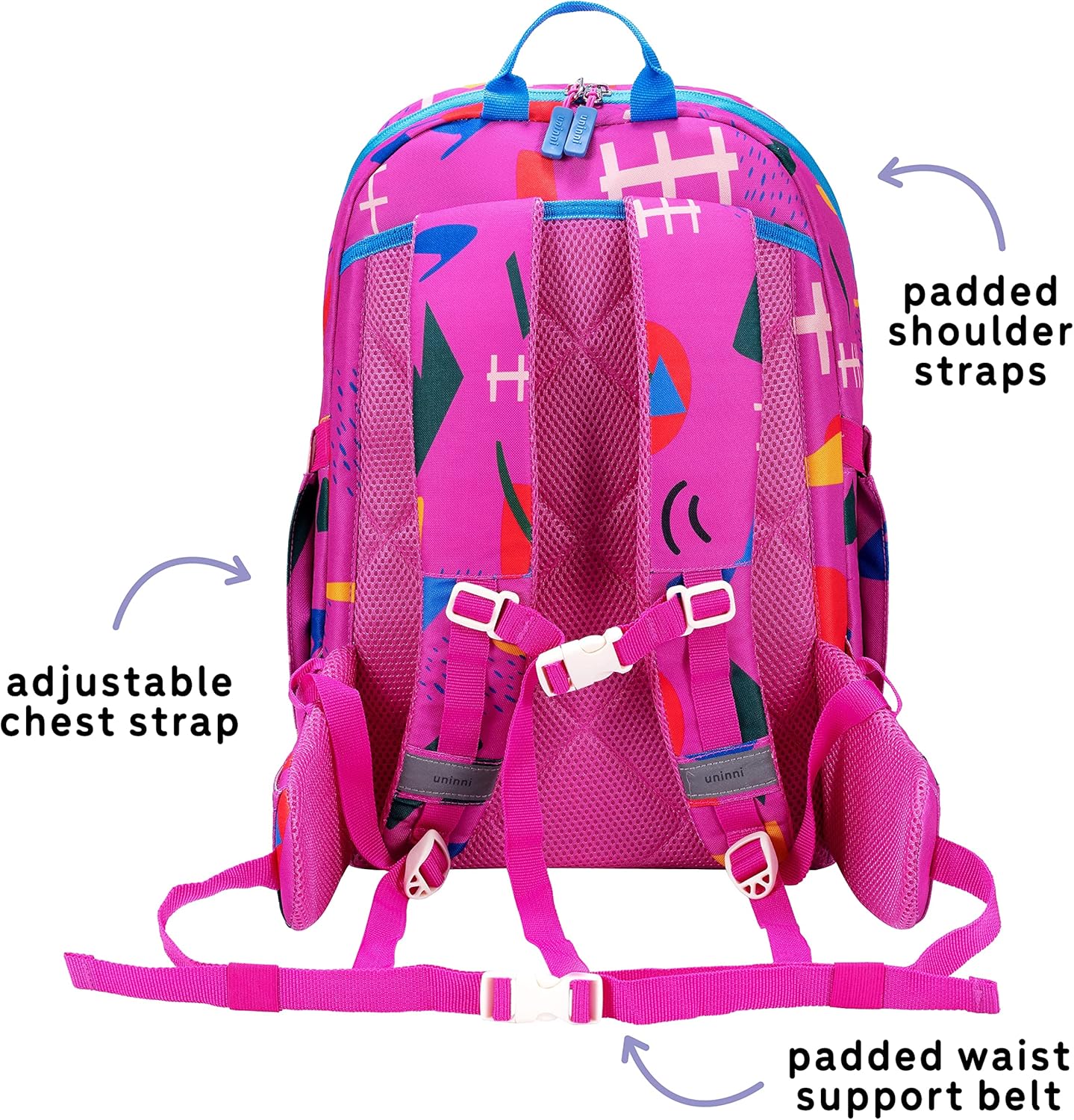 uninni 16" Kid's Backpack for Girls and Boys Age 6+ with Padded, and Adjustable Shoulder Straps. Fits for Height 3'9" Above Kids (Abstract Fuchsia)