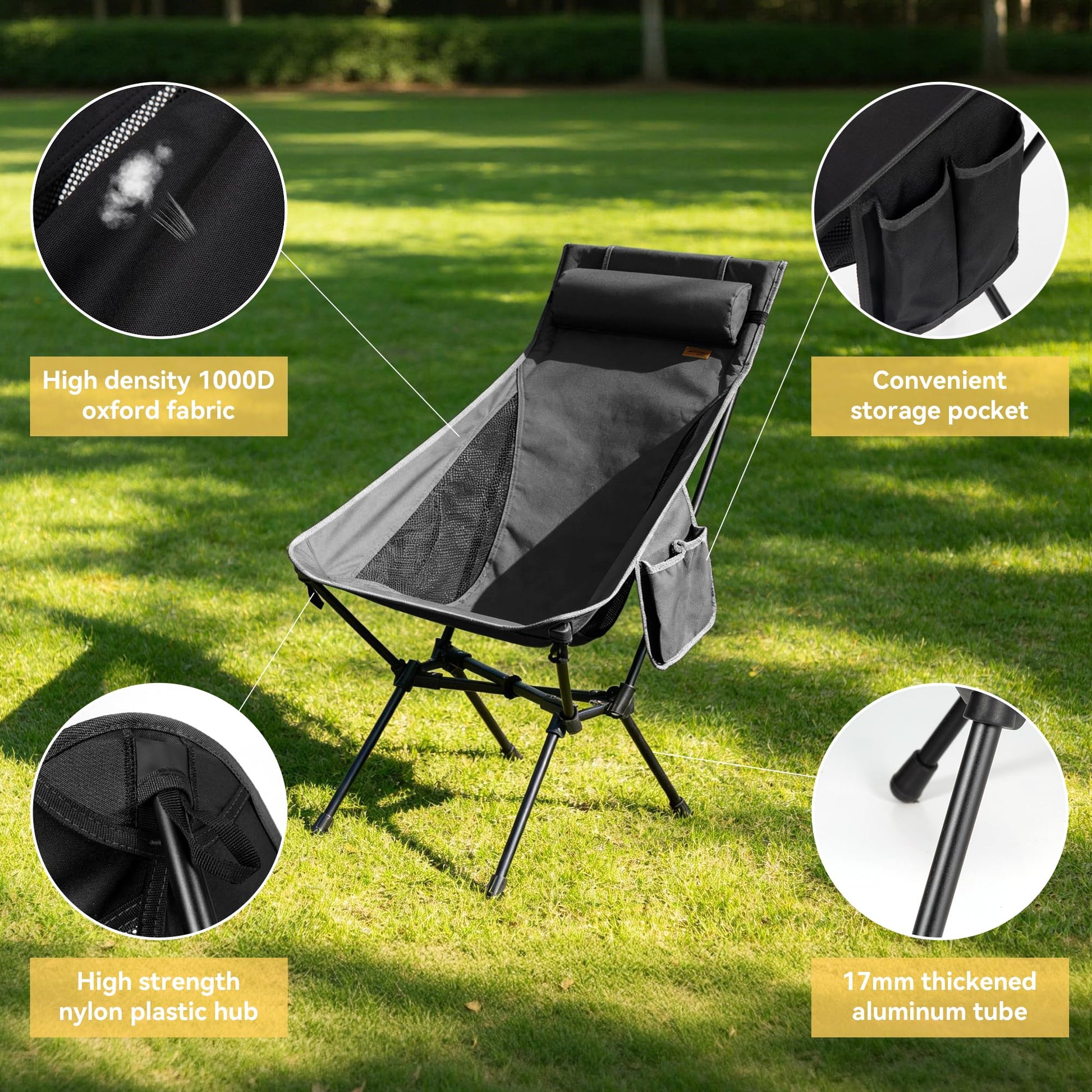 TOBTOS Portable High Back Camping Chair, Support 440 lbs, Ultralight Folding Chair with Head