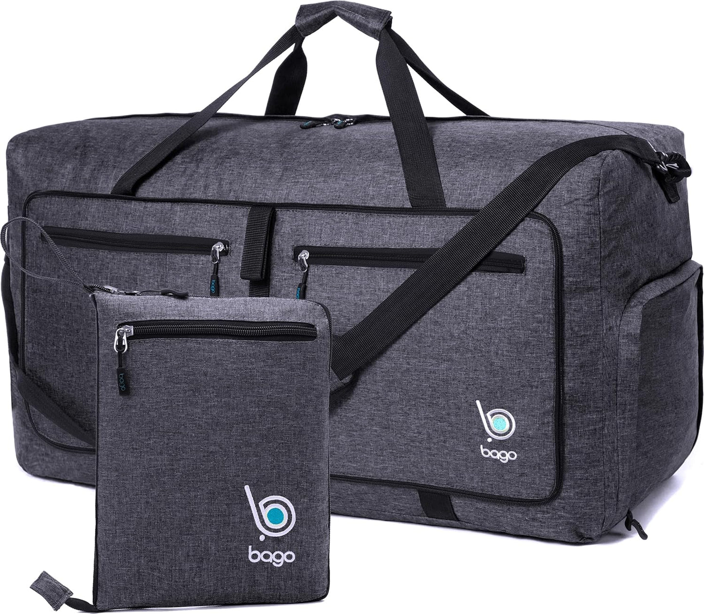 Bago Foldable Duffel Bags for Traveling Women & Men - 60L Medium Packable Duffle Bag for Travel with Shoe Compartment - Water Repellant, Heavy Duty, Lightweight Folding & Collapsible (SnowBlack)