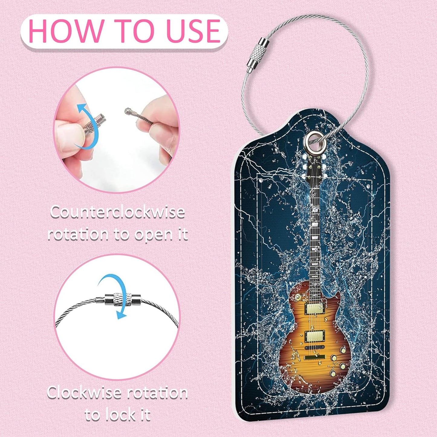2 Pack Electric Guitar Luggage Tag for Suitcase,Guitar in Water PU Leather Suitcase Tags Identifiers with Privacy Name Address Labels and Steel Loop for Women Men Travel