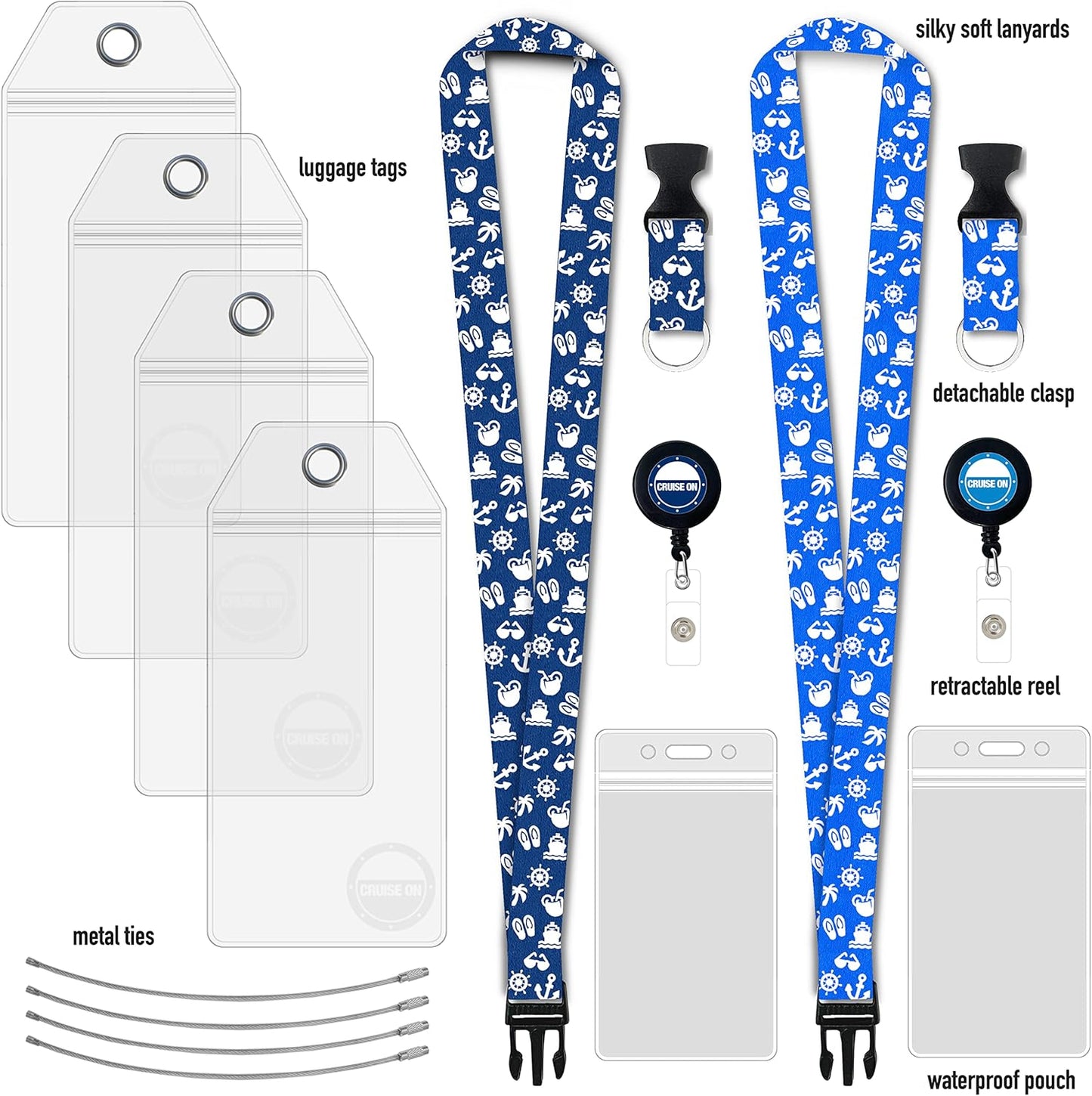 Carnival Cruise Luggage Tag Holders (4 Pack) & Lanyards (2 Pack), Large, Clear & Waterproof, Cruise Essentials 2026-2027 for Ship Cards & Baggage – Durable Travel Accessories (Blue Icons)