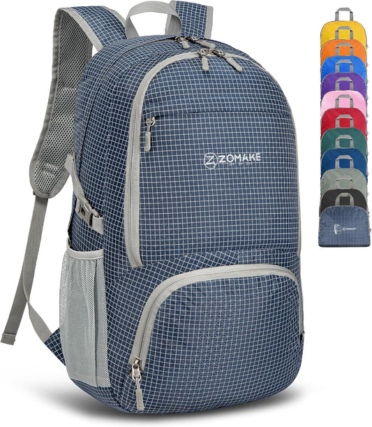 ZOMAKE Lightweight Packable Backpack 30L, Foldable Hiking Backpacks Water Resistant Compact Folding Daypack for Travel(Plaid Royal Blue)