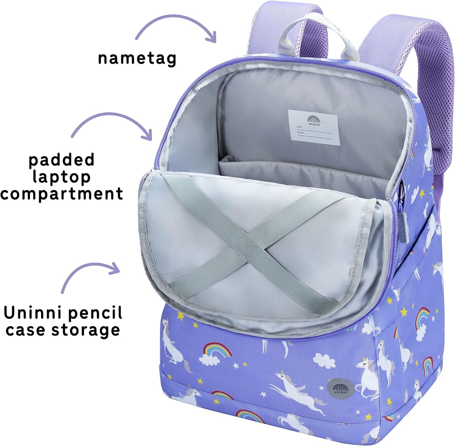 uninni 16" Kid's Backpack for Girls and Boys Age 6+ with Padded, and Adjustable Shoulder Straps. Fits for Height 3'9" Above Kids (Unicorn Purple)