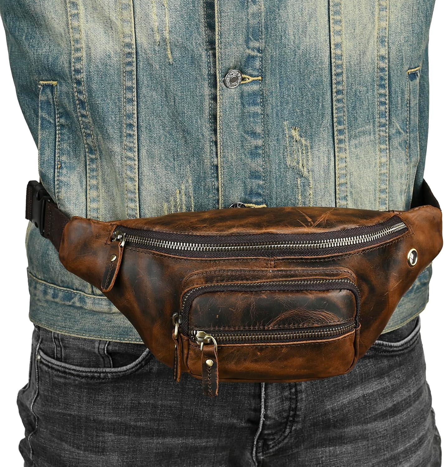 Thick Crazy Horse Leather Hiking Riding Travel Outdoor Belt Bag Fanny Waist Pack Small Phone Pouch For Men Women 380 (387 Brown)