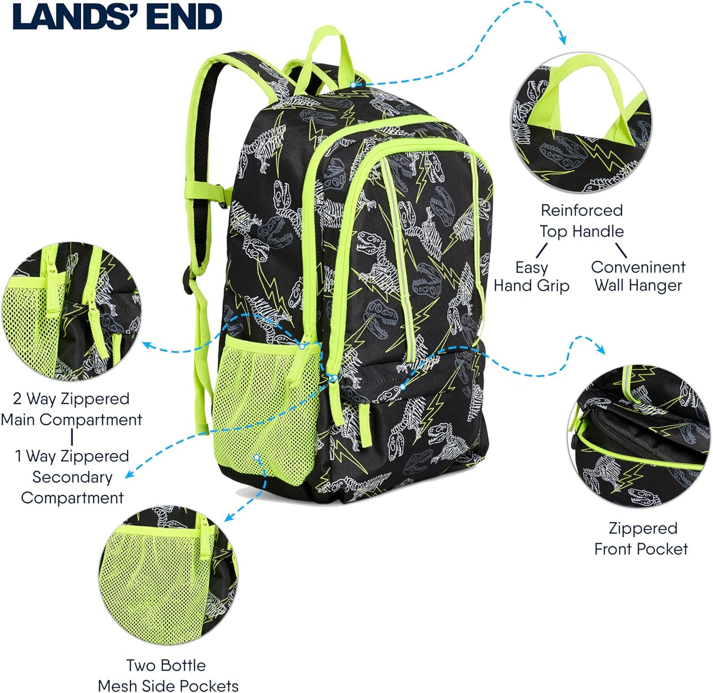 Lands' End Unisex Kids Large ClassMate Lightweight Durable Elementary School Backpack, Black Highlight