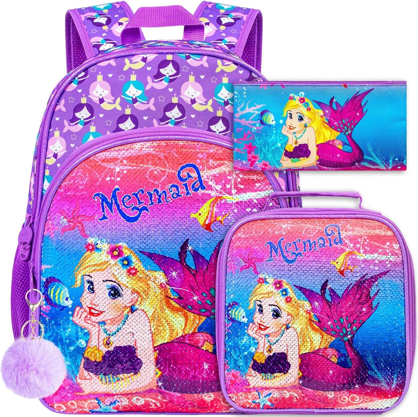 UFNDC 3PCS Backpack for Girls with Lunch Box,16”Kids Sequin Bookbag with Lunch Box, School Bag for Elementary Toddler