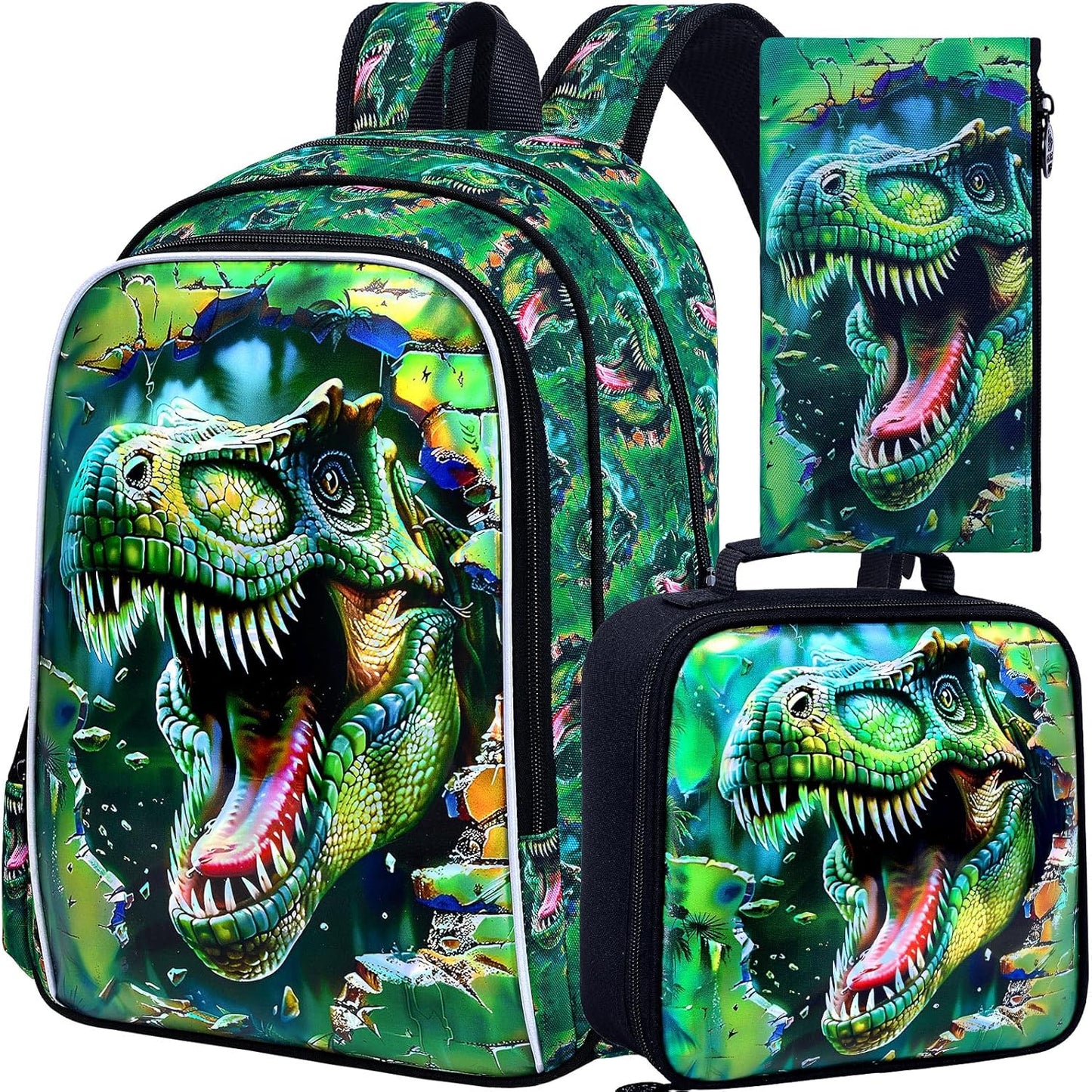 Dinosaur Backpack, 16" Boys Kids Bookbag with Lunch Box, 3Pcs Dino School Backpacks for Elementary Preschool Kindergarten (Green)