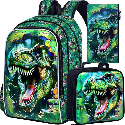 Dinosaur Backpack, 16" Boys Kids Bookbag with Lunch Box, 3Pcs Dino School Backpacks for Elementary Preschool Kindergarten (Green)