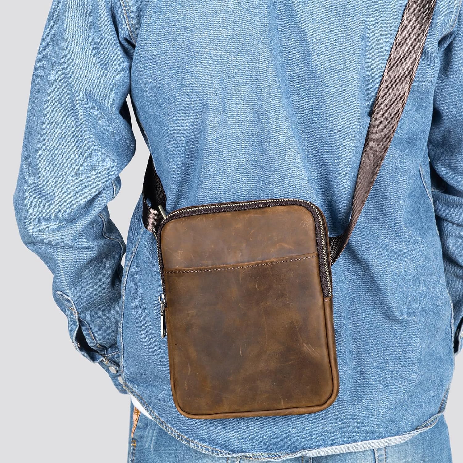 Men's Small Genuine Leather Messenger Bag Multi-Pocket Zipper Shoulder Bag Compact Mini Crossbody