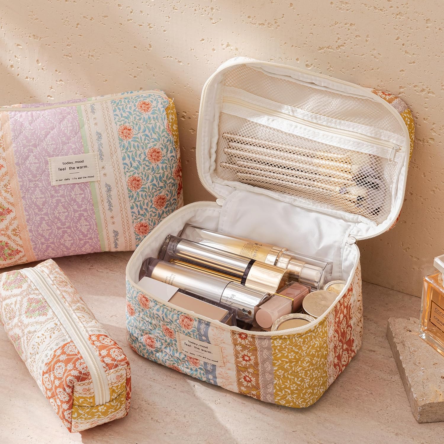 HBselect Quilted Makeup Bag, 3PCS Cotton Large Travel Makeup Bag, Cute Floral Coquette Make up Bag