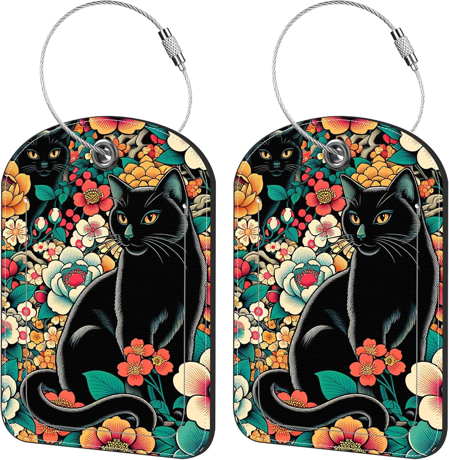 2 Pack Cute Luggage Tag for Suitcases Black Cat and Flower Leather Luggage Tags with Stainless Steel Loop Privacy Flap Name Tags,Men and Women Travel Bag Suitcase Tags