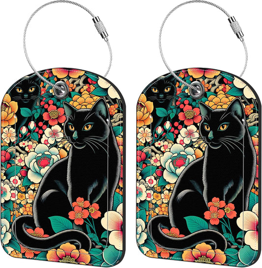 2 Pack Cute Luggage Tag for Suitcases Black Cat and Flower Leather Luggage Tags with Stainless Steel Loop Privacy Flap Name Tags,Men and Women Travel Bag Suitcase Tags