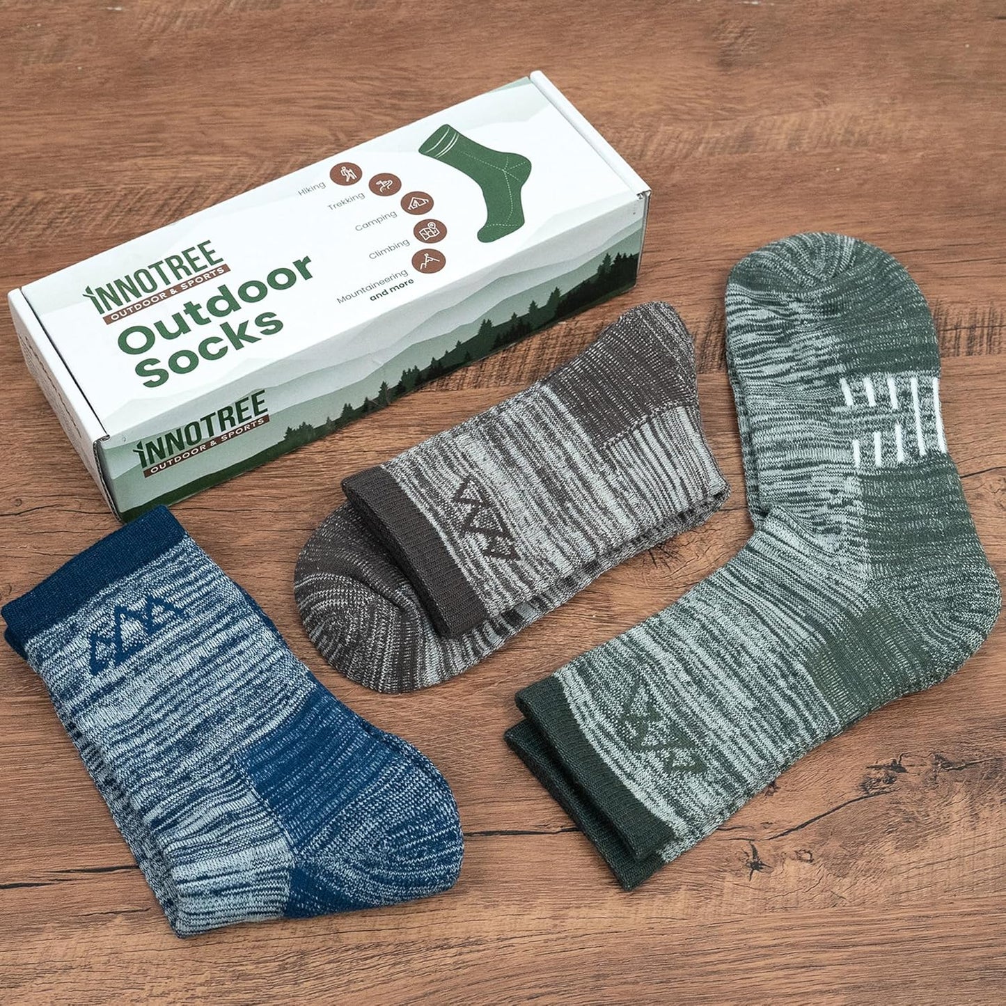 innotree 3 Pack Men's Merino Wool Hiking Socks, Micro Crew Cushioned Hiking Walking Thermal