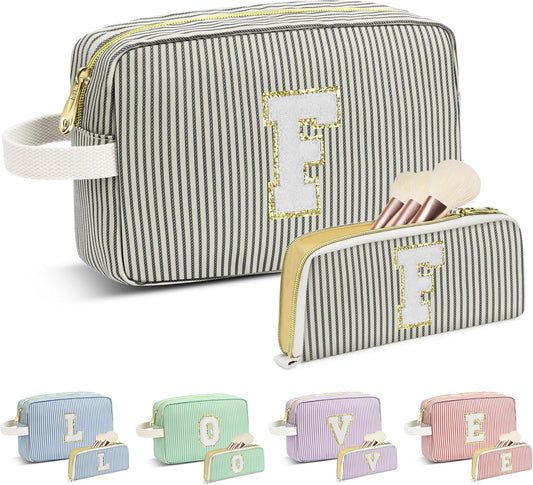 Travel Makeup Bag Christmas Gifts for Women Girl Teens, Personalized Initial Makeup Bag for Cute Teen Girls, Preppy Stuff Toiletry Bag Cosmetic Bag, Teen Girls Gift Trendy Stuff, Letter F