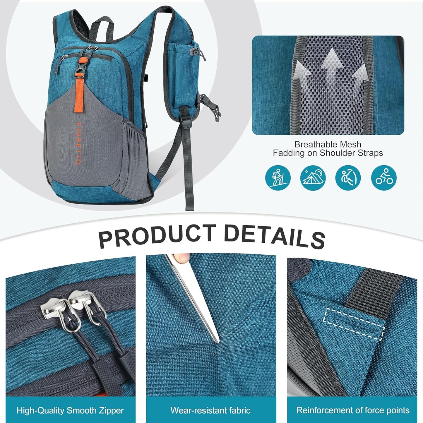 FIORETTO 15L Hiking Backpack for Women Men Mini Packable Backpack Lightweight Small Daypack for Camping Travel Outdoor, Turquoise