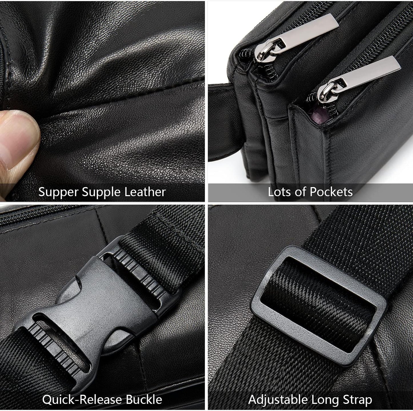 Niucunzh Fanny Packs for Women Lightweight Lambskin Leather Waist Bag Sport Men Belt Purse Hip bags Hands-Free Bumbag Black