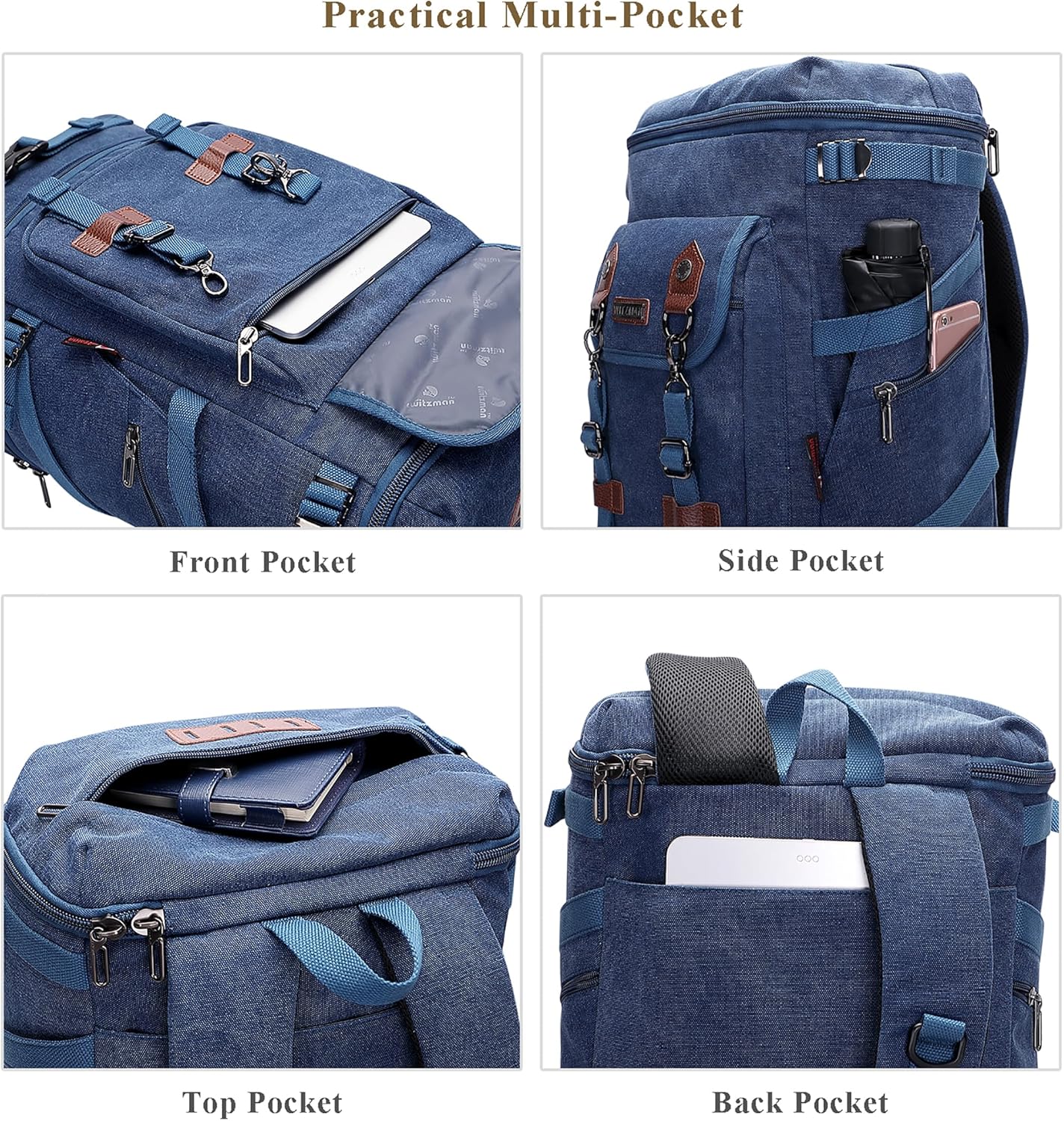 WITZMAN Travel Backpack for Men Women Canvas Backpack Carry on Luggage Rucksack Convertible Duffel Bag Large (A568 Blue)
