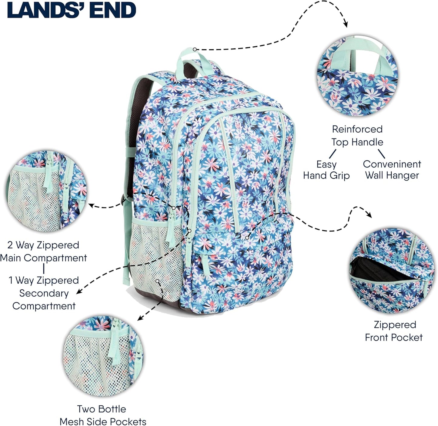 Lands' End Unisex Kids Large ClassMate Lightweight Durable Elementary School Backpack, Peacock
