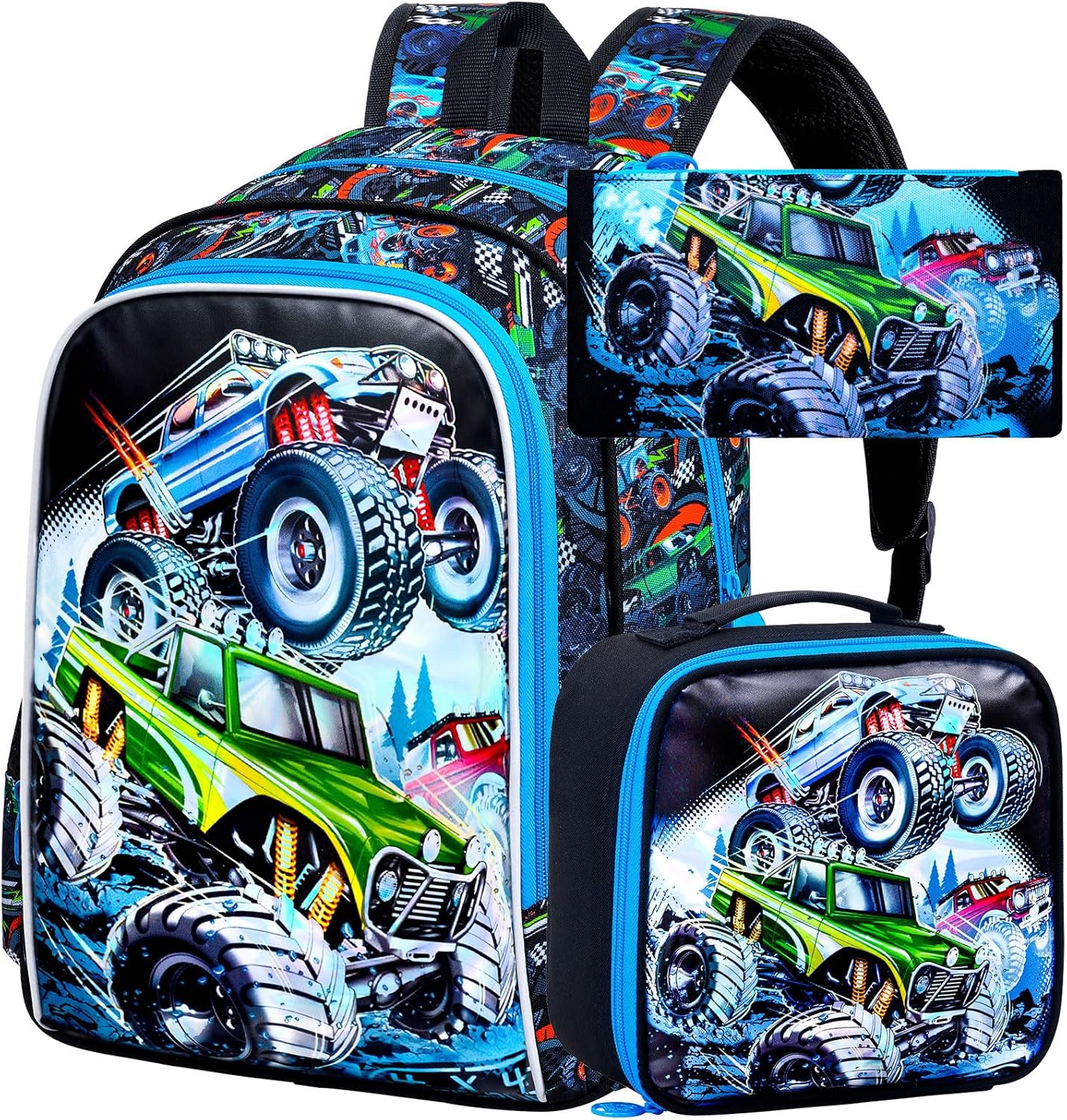 3PCS Dinosaur Backpack for Boys, 16 Inch Kids Water Resistant Preschool Elementary Kindergarten Bookbags and Lunch Box