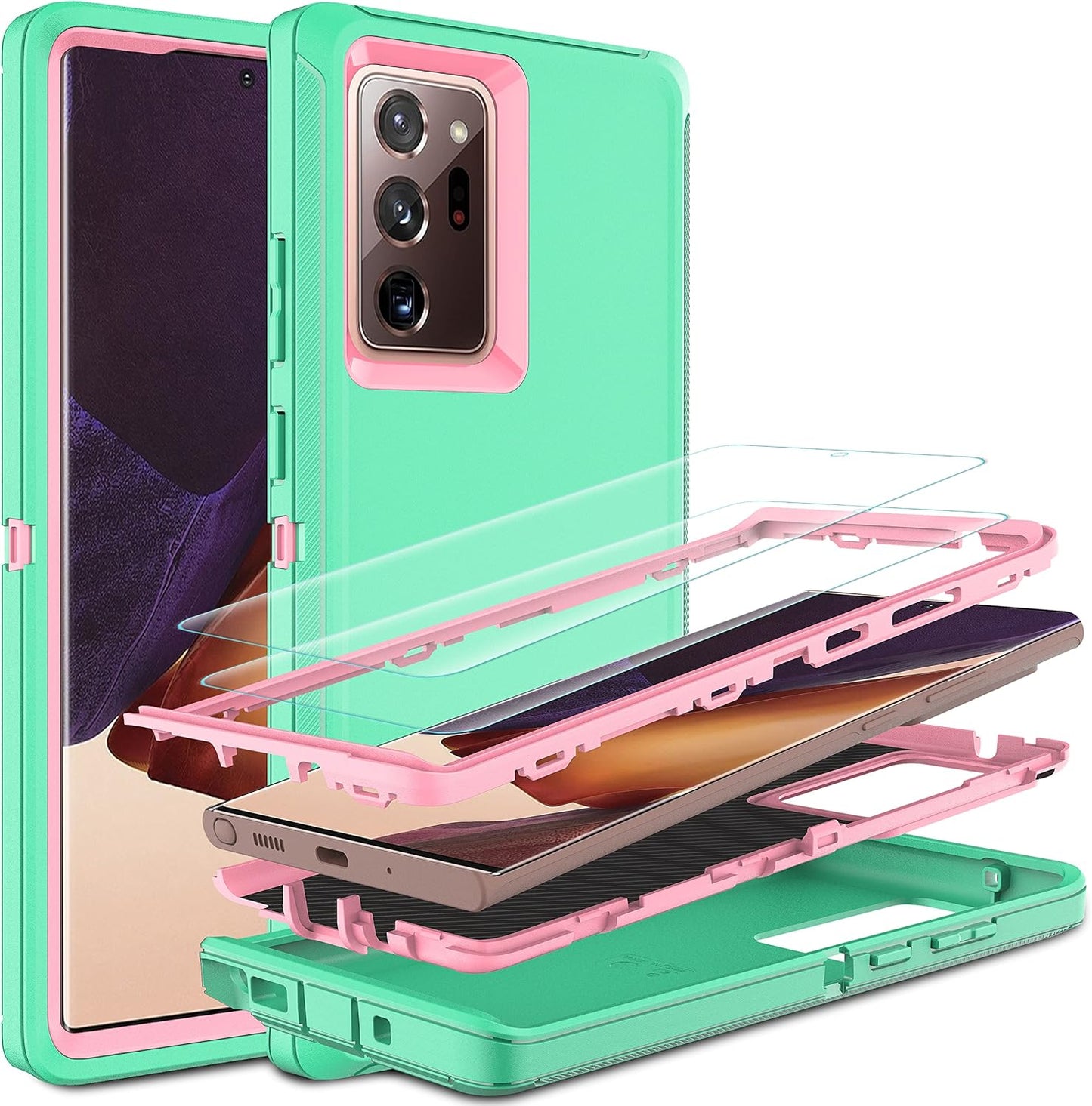 for Note 20 Ultra Case, Galaxy Note 20 Ultra Case with Self Healing Flexible TPU Screen Protector [2 Pack], 3 in 1 Heavy Duty Protection Case for Samsung Note 20 Ultra 5G(Aqua Blue/Rose Pink)