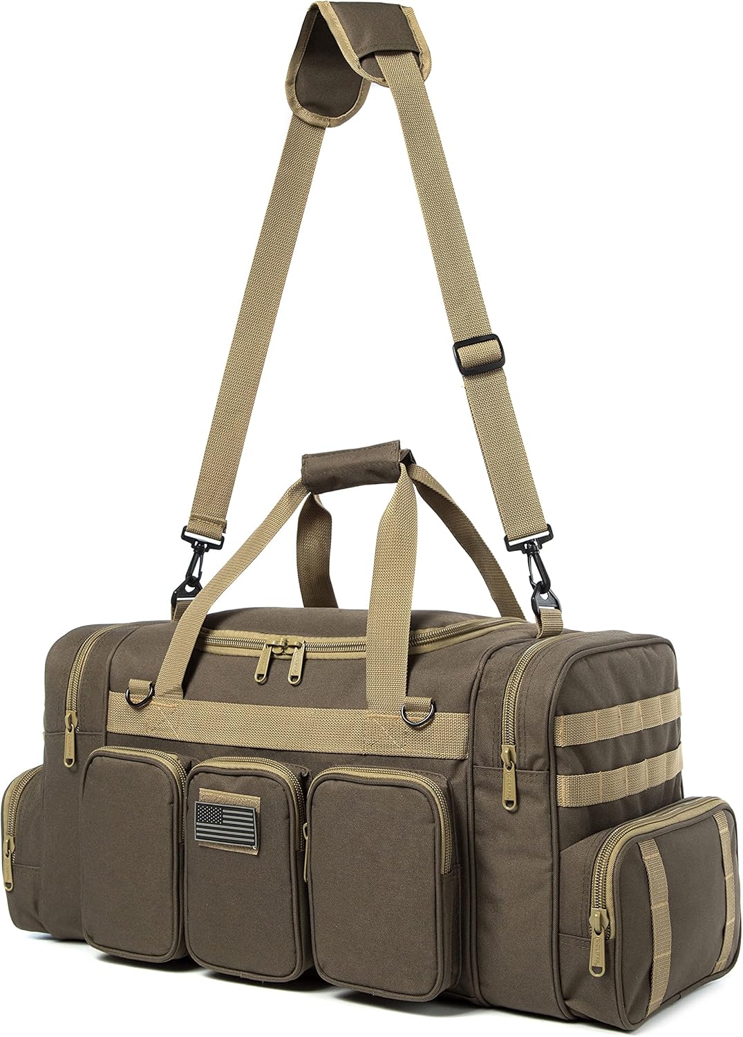 Tactical Range Duffel Heavy Duty Military Molle Gear Travel Sports Gym Bag Lockable Zippers with US Flag Patch (27 In Khaki)
