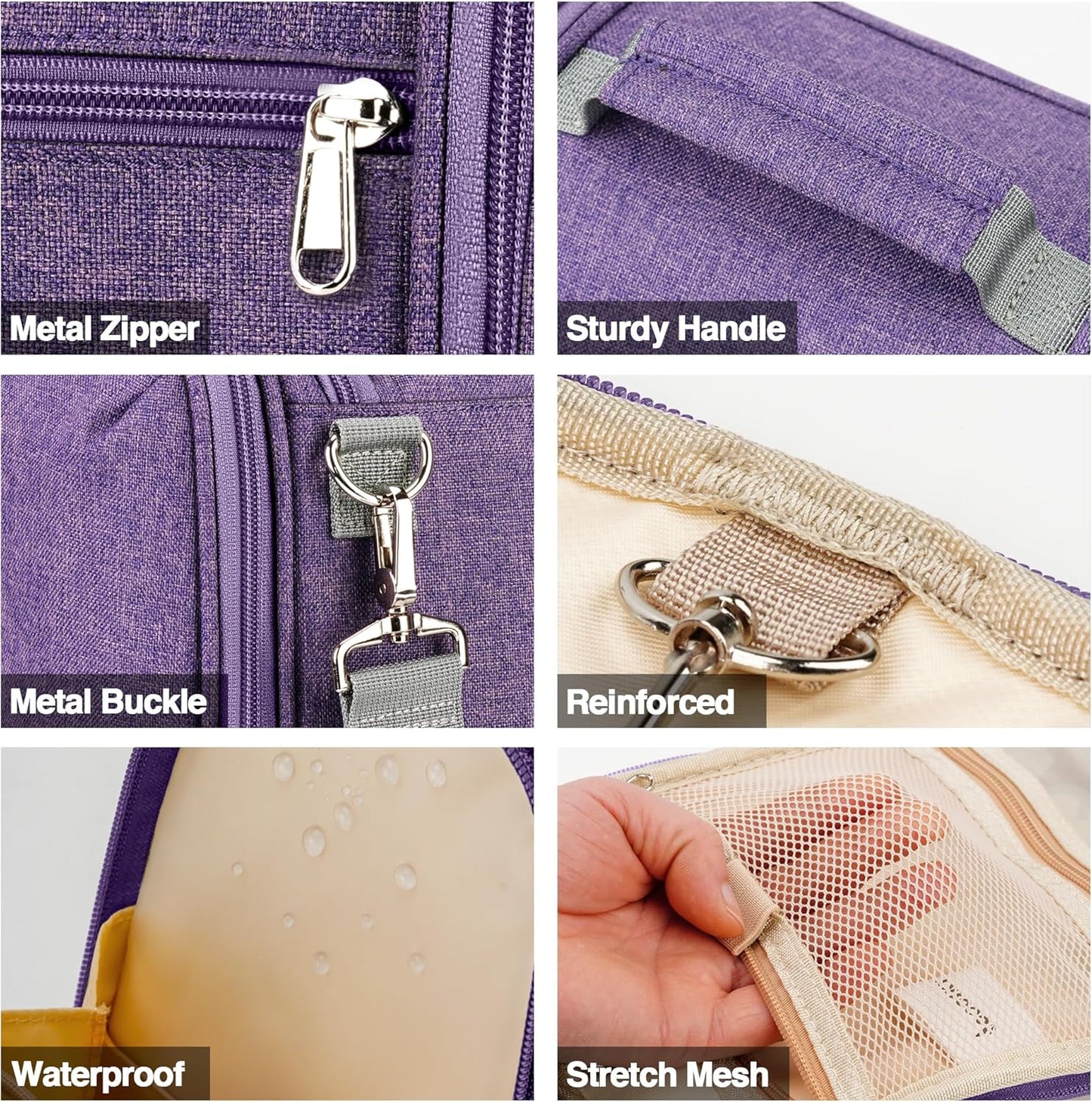 Hanging Travel Toiletry Bag for Women and Men, 6 Organizer Compartments, Large Toiletries essentials, Bathroom Cosmetic Accessories, Water-resistant Makeup Bag, Holds Full-Size Shampoo, Purple