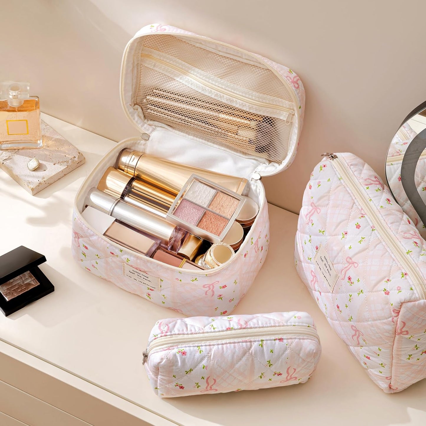 HBselect Quilted Makeup Bag, 3PCS Cotton Large Travel Makeup Bag, Cute Floral Coquette Make up Bag Cosmetic Bag Toiletry Bag for Women Girls
