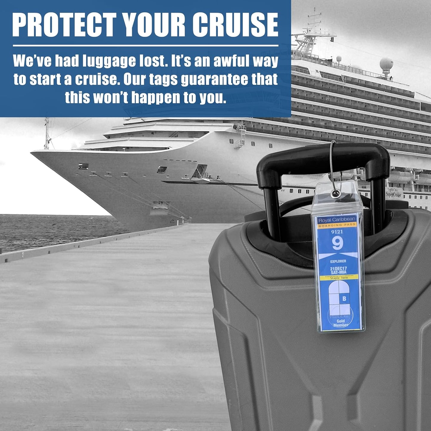 Cruise On Royal Caribbean Luggage Tag Holders (4 Pack) & Lanyards (2 Pack) – Large, Clear, Waterproof Cruise Essentials 2025-2026 – Secure Ship Tags & Cards (Royal & Navy Blue)