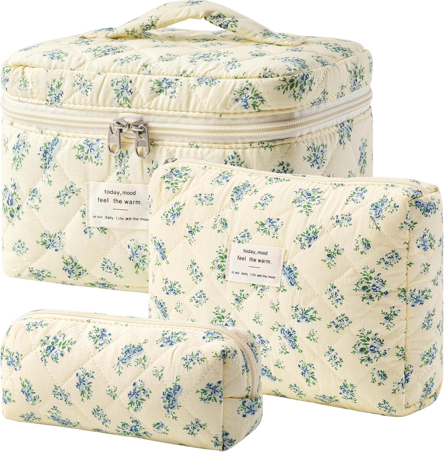 HBselect Quilted Makeup Bag, 3PCS Cotton Large Travel Makeup Bag, Cute Floral Coquette Make up Bag Cosmetic Bag Toiletry Bag for Women Girls