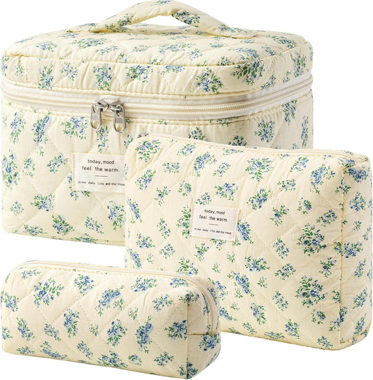 HBselect Quilted Makeup Bag, 3PCS Cotton Large Travel Makeup Bag, Cute Floral Coquette Make up Bag Cosmetic Bag Toiletry Bag for Women Girls