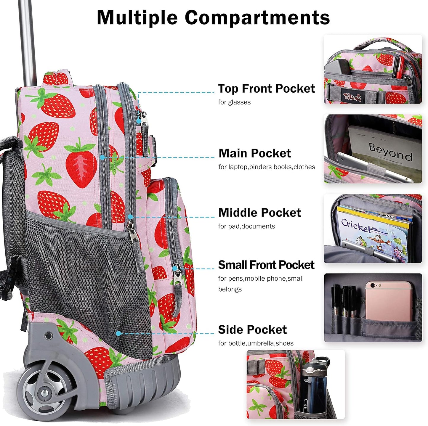 Tilami Rolling Backpack 18 inch Wheeled Backpack School College Student Travel Trip Boys and Girls