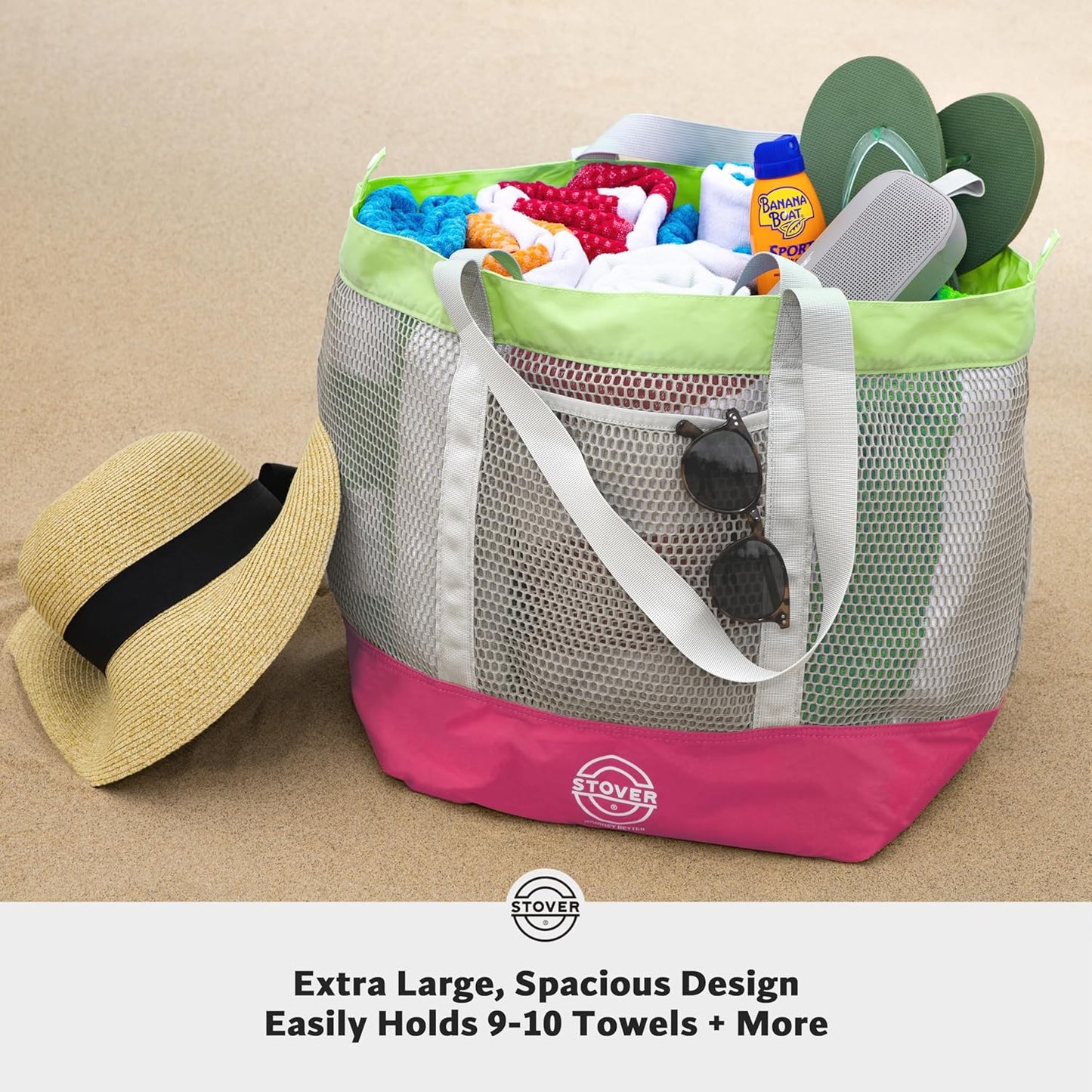 STOVER Large Mesh Beach Bag, Vacation, Pool, Shopping, & Travel Tote - Foldable w/Storage Pockets