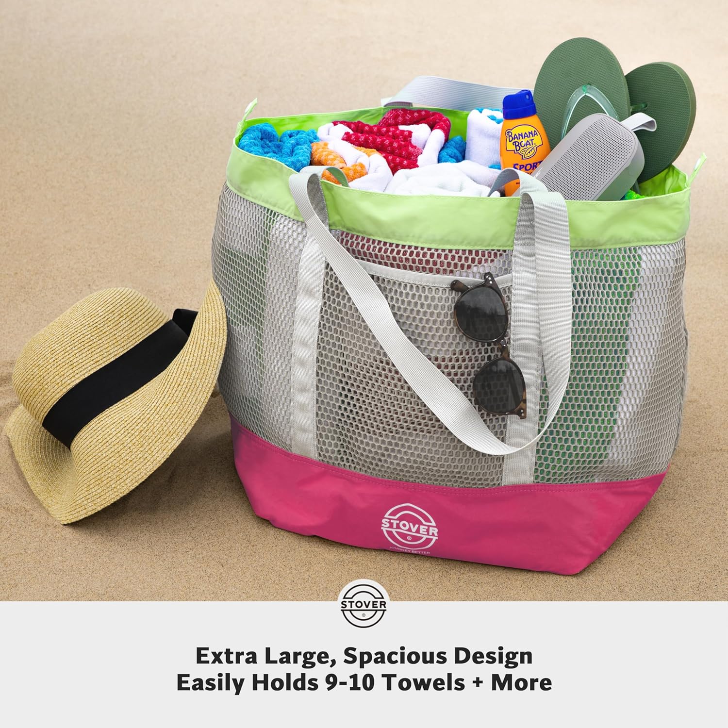 STOVER Large Mesh Beach Bag, Vacation, Pool, Shopping, & Travel Tote - Foldable w/Storage Pockets