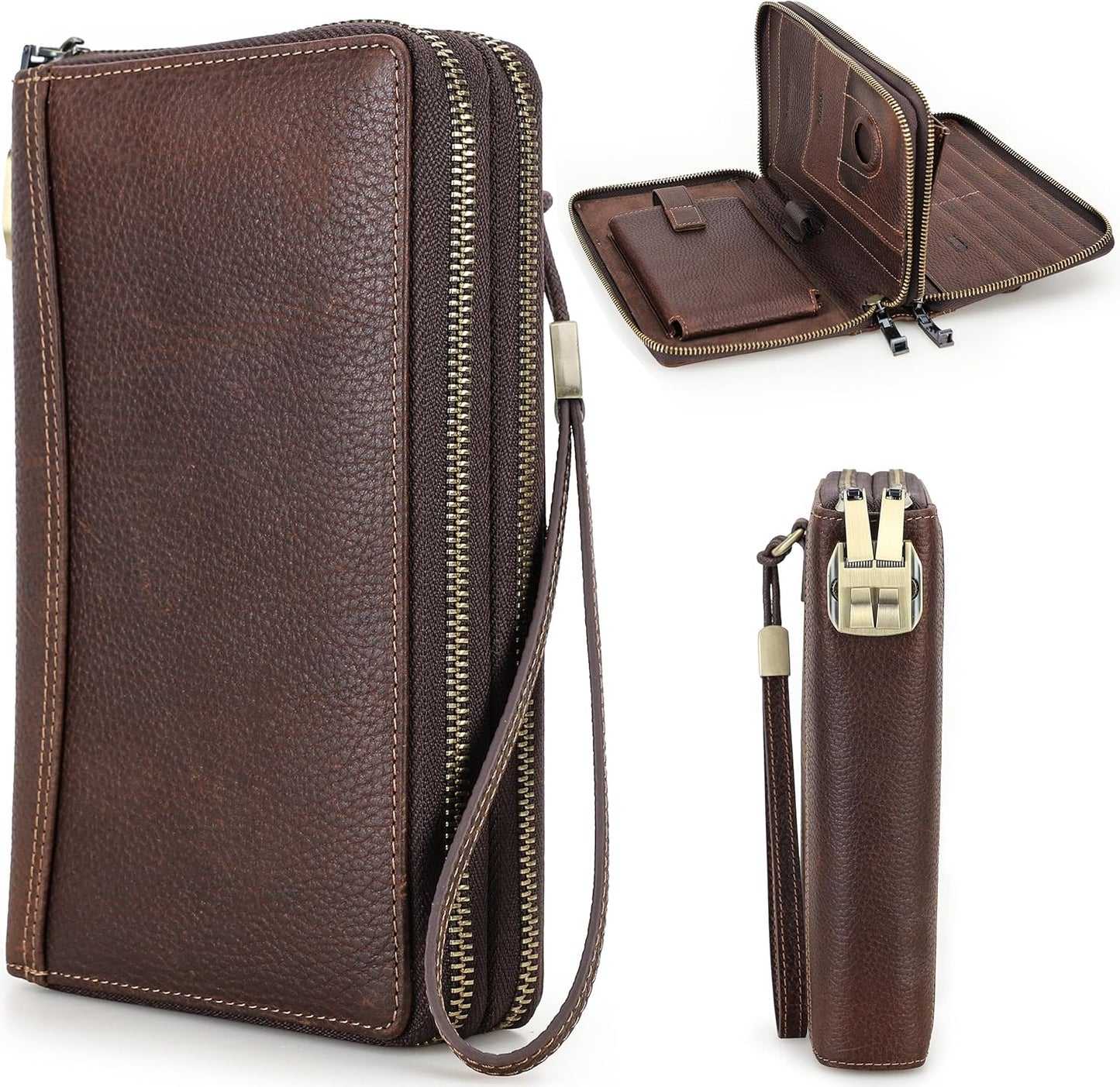 Top Grain Genuine Leather Zipper Clutch Wristlet Wallet for Man & Woman, Handmade, Multi Slots & Pockets & Combination Lock, RFID Large Capacity for Cards/Checks/Passports/Phone/Pen/AirTag, Red Coffee