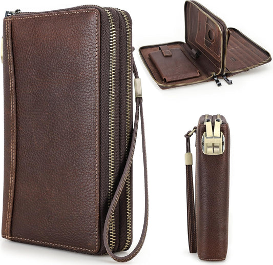 Top Grain Genuine Leather Zipper Clutch Wristlet Wallet for Man & Woman, Handmade, Multi Slots & Pockets & Combination Lock, RFID Large Capacity for Cards/Checks/Passports/Phone/Pen/AirTag, Red Coffee