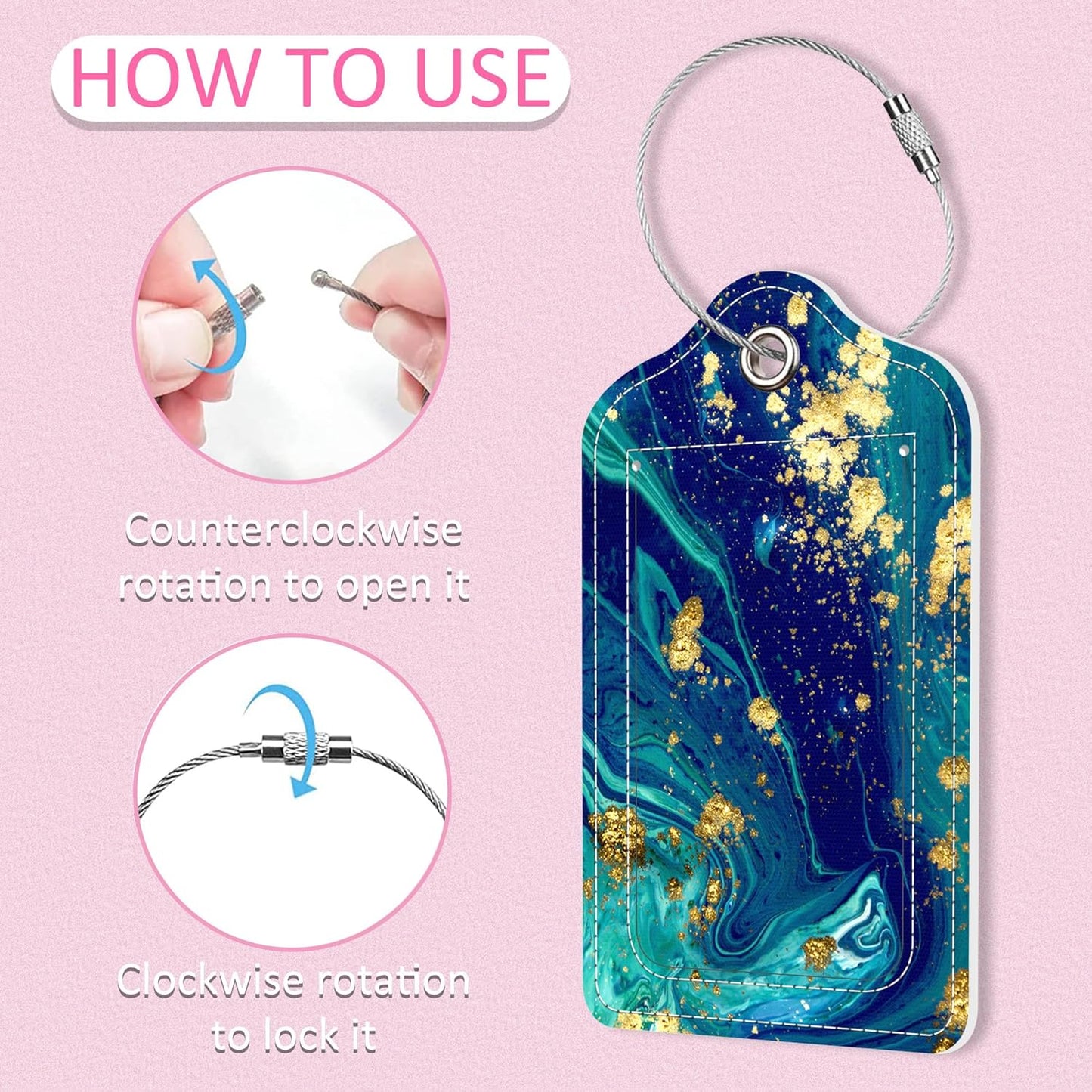 2 Pack Luggage Tag for Suitcase,Blue Marble PU Leather Suitcase Tags Identifiers with Privacy Name Address Labels and Steel Loop for Women Men Travel