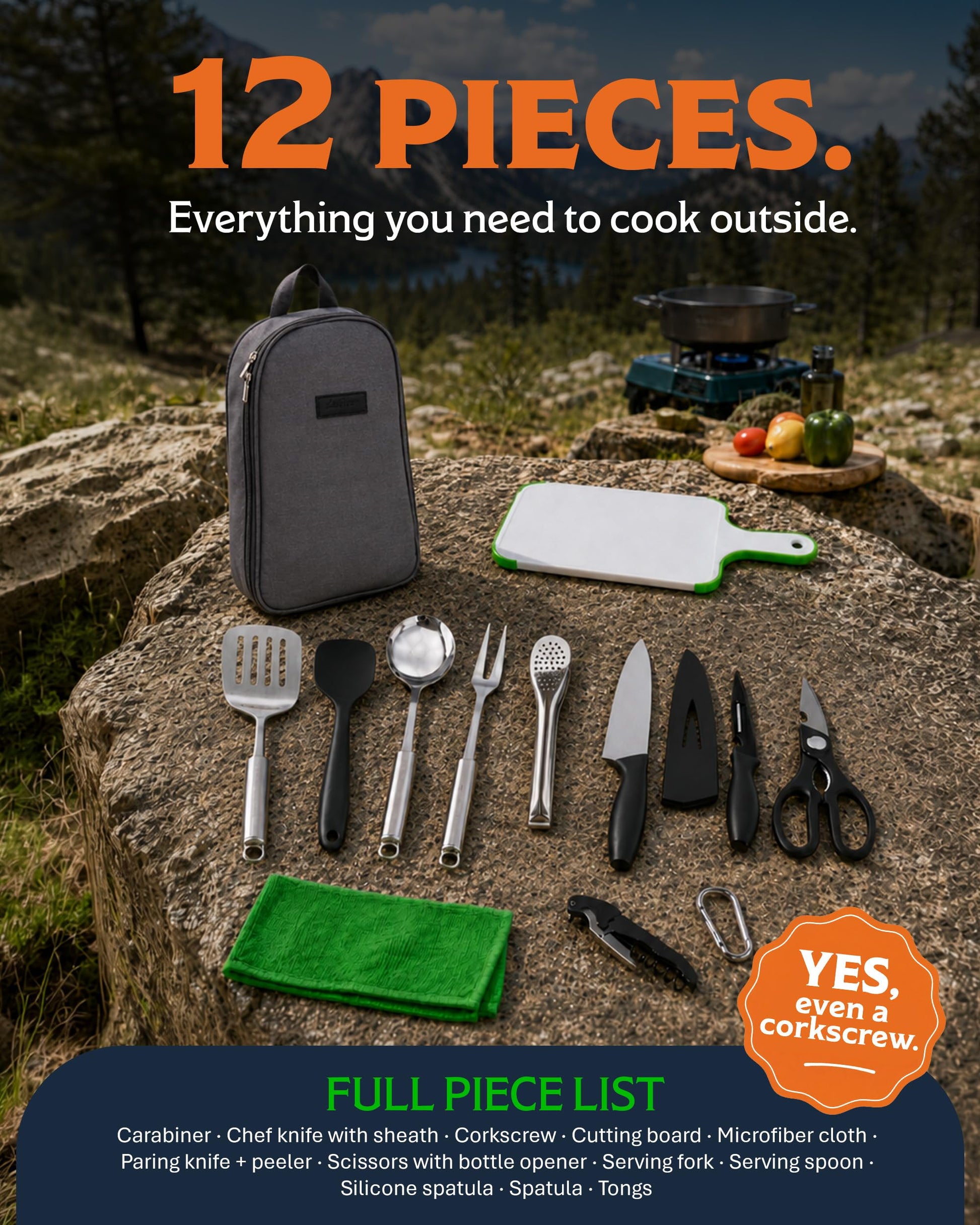 Life 2 Go 12 Pcs Camp Cooking Utensil Set & Outdoor Kitchen Gear Cookware Kit, Portable Compact
