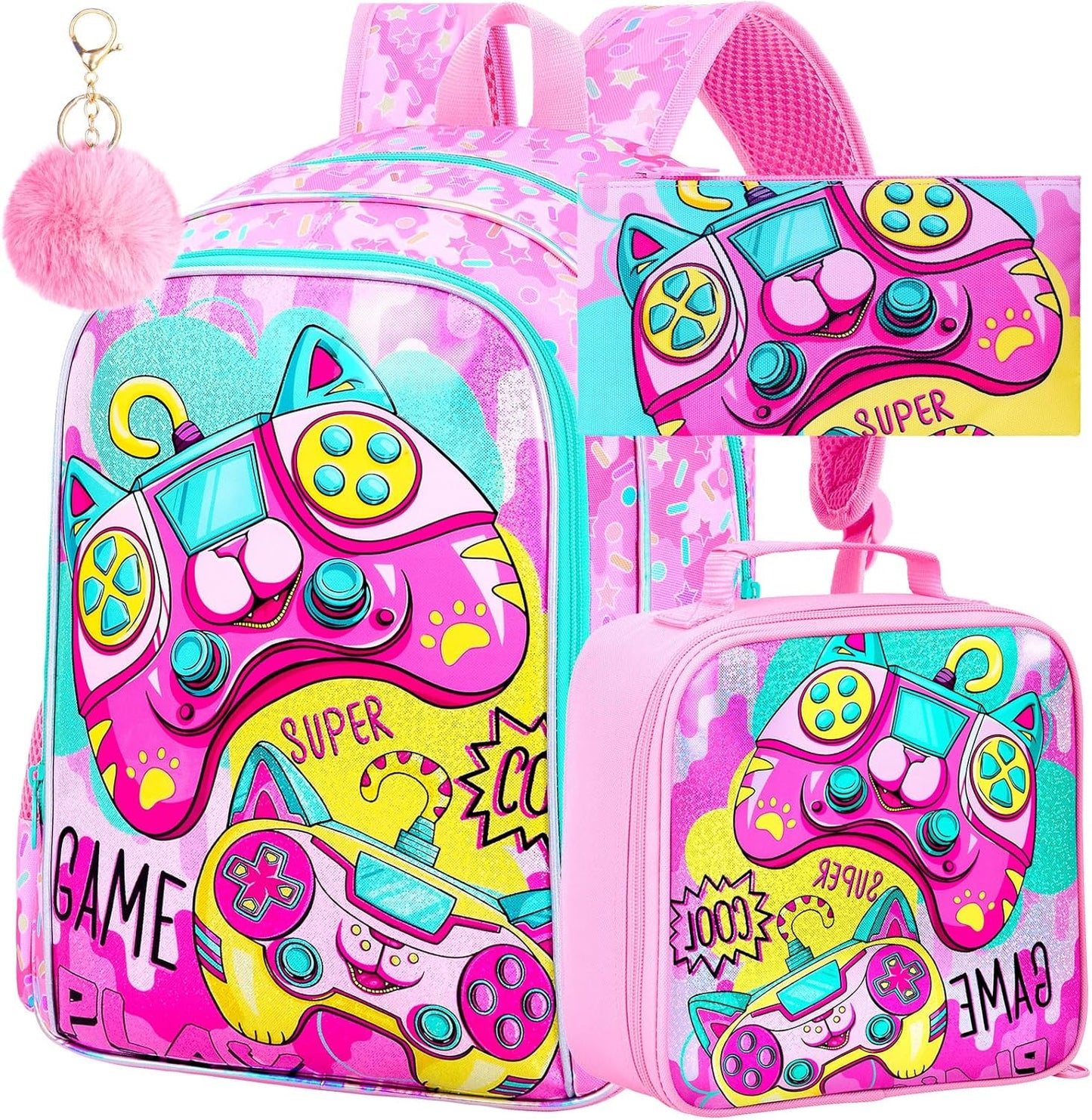 KLFVB 3PCS Girls Game Backpack, Water Resistant Kids Bookbag with Lunch Box, 16" Preschool Backpacks for Elementary - Game Pink