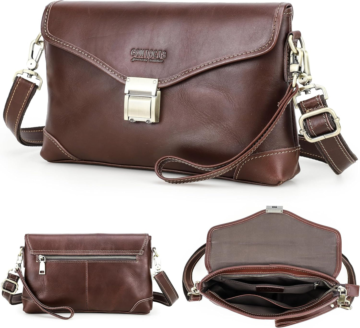 Top Grain Genuine Leather Handbag Wallet for Man & Woman, Handmade Retro Design, Combination Lock & Adjustable Shoulder Strap & Wristlet, Portable Handbag for Cards/Checks/Phone/Banknote, Dark Coffee