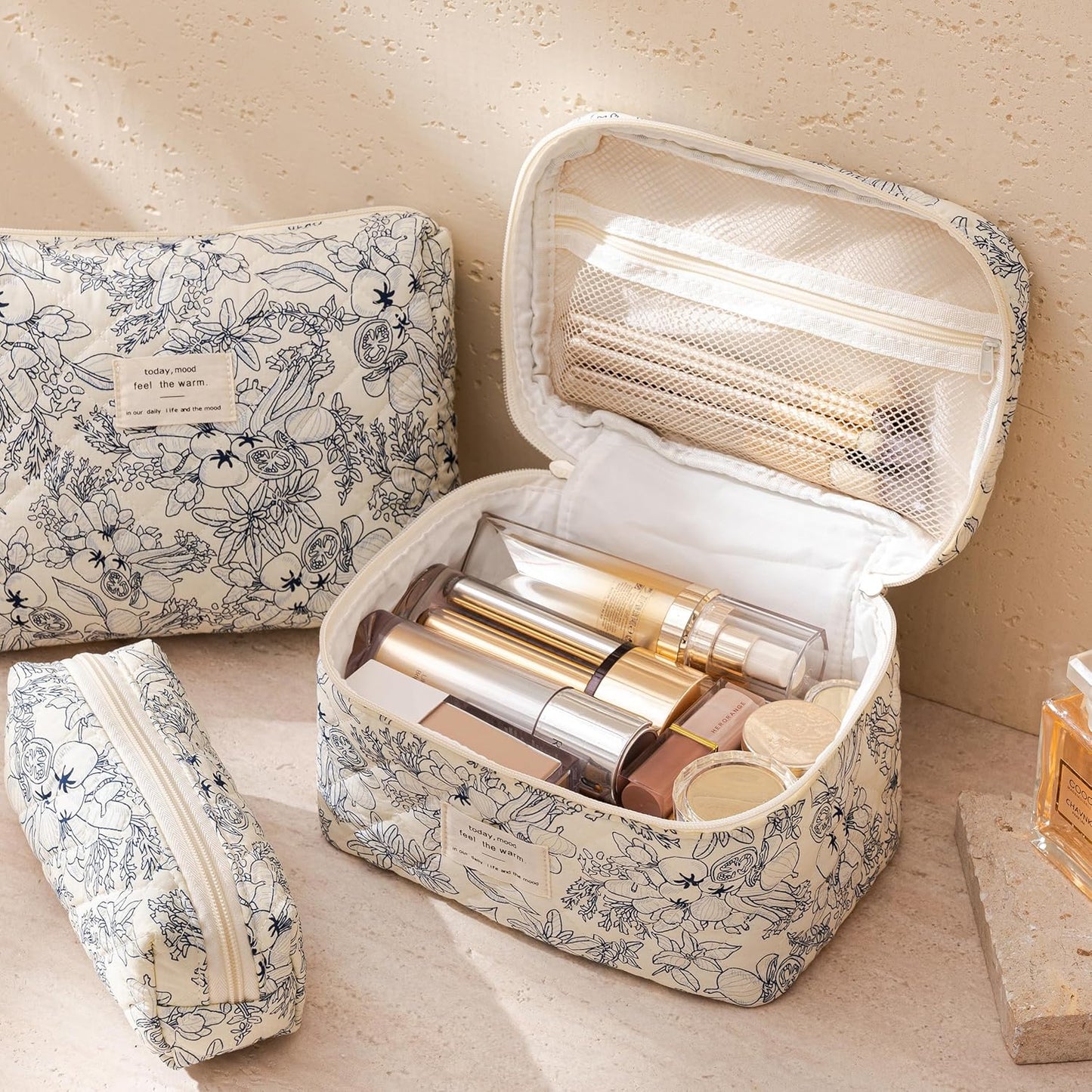 HBselect Quilted Makeup Bag, 3PCS Cotton Large Travel Makeup Bag, Cute Floral Coquette Make up Bag Cosmetic Bag Toiletry Bag for Women Girls