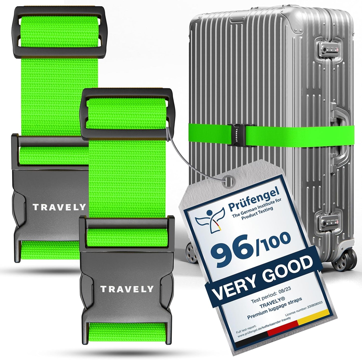 Travely® Premium Luggage Strap - Especially Eye-catching and Safe - Includes 2 Name Tags - Luggage Strap Ideal Over Cross - [Set of 2] - Green