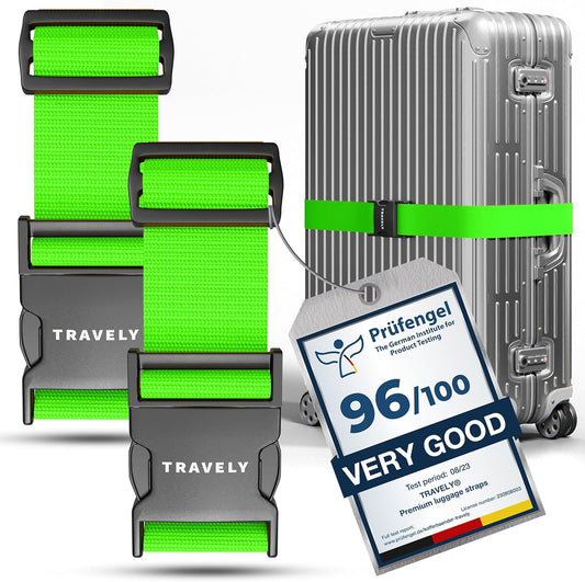 Travely® Premium Luggage Strap - Especially Eye-catching and Safe - Includes 2 Name Tags - Luggage Strap Ideal Over Cross - [Set of 2] - Green
