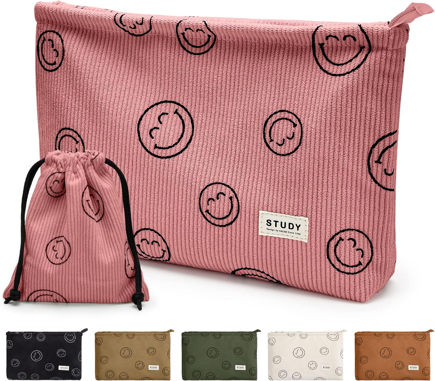 WLLWOO Makeup Bag-2pcs Smile Face Corduroy Cosmetic Bag Zipper Interior Waterproof Pencil Case Coin Purse Travel Toiletry Small Makeup Pouch For Women