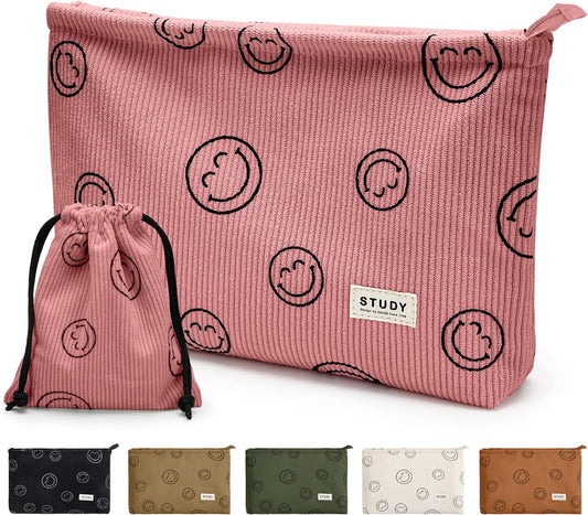 WLLWOO Makeup Bag-2pcs Smile Face Corduroy Cosmetic Bag Zipper Interior Waterproof Pencil Case Coin Purse Travel Toiletry Small Makeup Pouch For Women