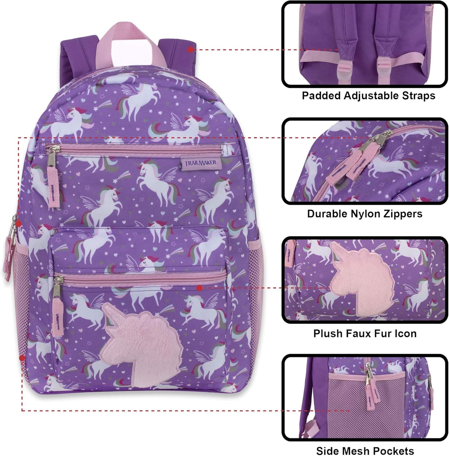 Trail maker 17” Kids Character School Backpacks Plush for Girls with Side Pockets, Padded Straps